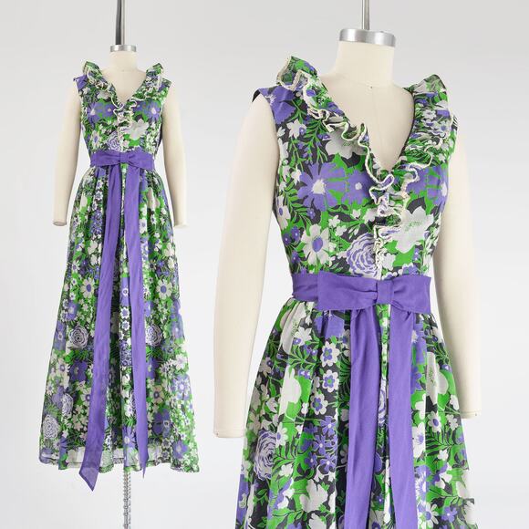 Vintage Dresses & Skirts - Vintage 70s Miss Elliette Floral Cotton Voile Ruffle Maxi Dress Bow size XS S